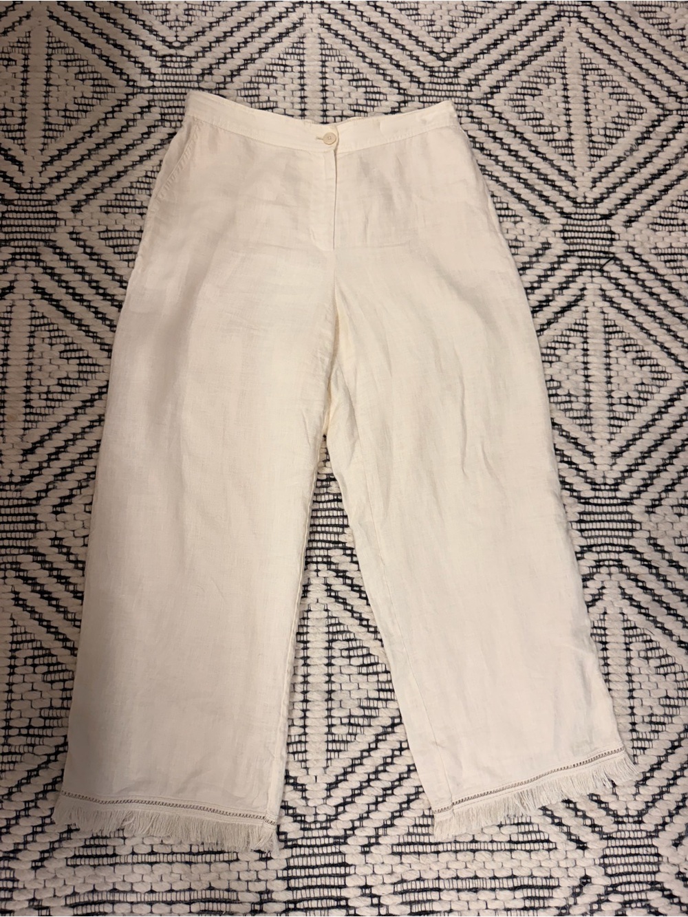 Elie Tahari Cream Cropped Wide-Leg Fringe Hem Pants